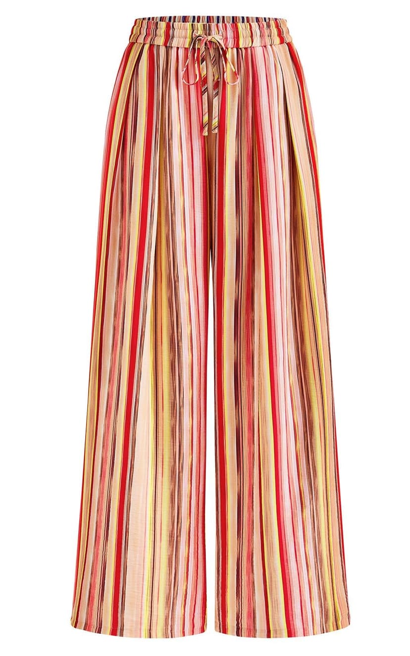 PRETTYGARDEN Womens Pants Elastic Waist Striped Lightweight Palazzo Pant | Casual Lounge Wide Leg Pants Woman with Pockets, Floral Print, Gingham Textured Cute Pants, Drawstring, Flowy Summer Outfits