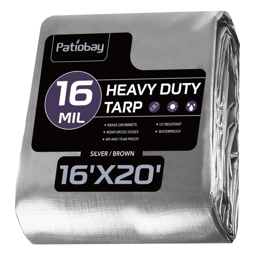 Patiobay Large Tarp 16x20 FT 16 Mil Heavy Duty Waterproof Tarps Silver | 420D Thick Plastic Tarp Brass Grommets Every 23.6", UV Resistant, Tear & Fade Resistant, Reinforced Edges for Pool & Tent Use