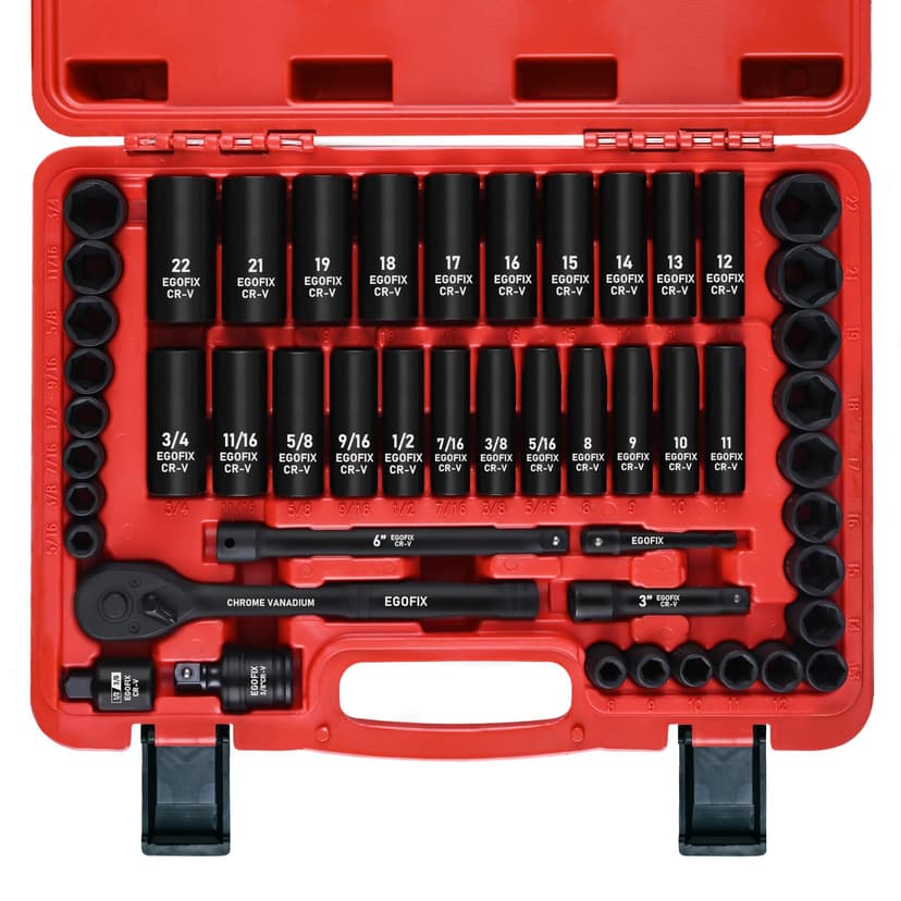 EGOFIX 3/8" Drive Impact Socket Set, 50 Piece Standard SAE (5/16 to 3/4 inch) and Metric (8-22mm) 6 Point, with Adjustable Ratchet Handle, Extension Bars, Impact Universal Joint, Adapter, Cr-V Steel