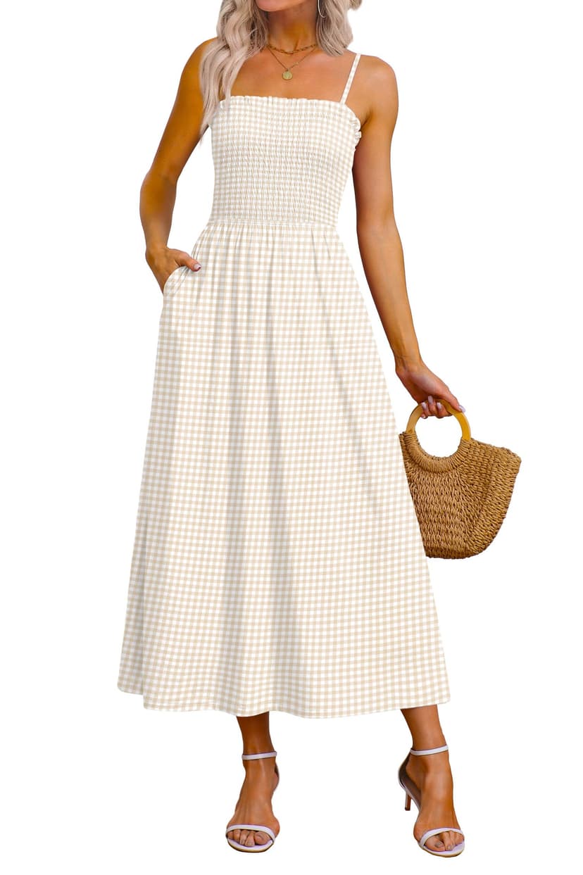 OFEEFAN Womens Spaghetti Strap Maxi Dresses Smocked with Pockets 2026 Summer Spring Casual Boho Beach Long Sundresses