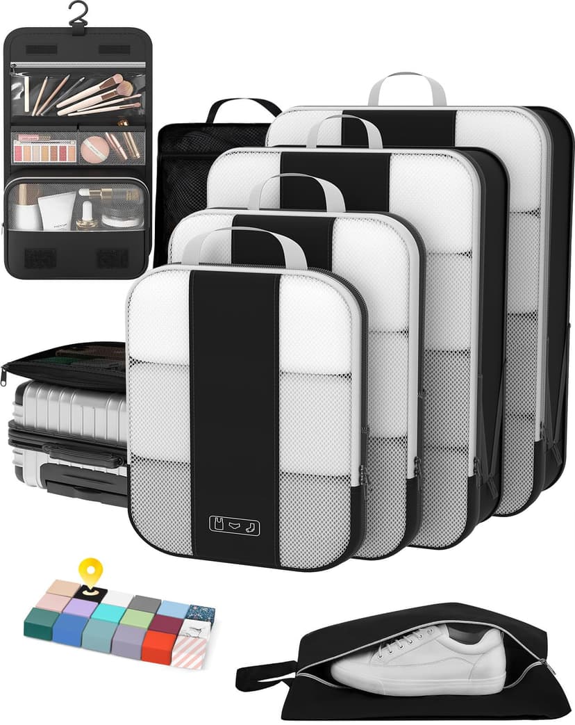 8 Set Compression Packing Cubes for Travel Essentials,Compressible Expandable Packing Cubes for Suitcase,OlarHike Luggage Garment Bags for Travel,Handy Helper for Organizing Clothes(Black)