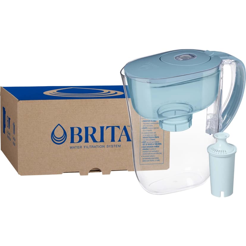 Brita Small 6-Cup Water Filter Pitcher with BritaPlus Filter, WQA NSF/ANSI Certified, Reduces 2X Contaminants vs. Standard, Removes Chlorine Taste & Odor, Reduces Zinc Copper Mercury, Stone Blue
