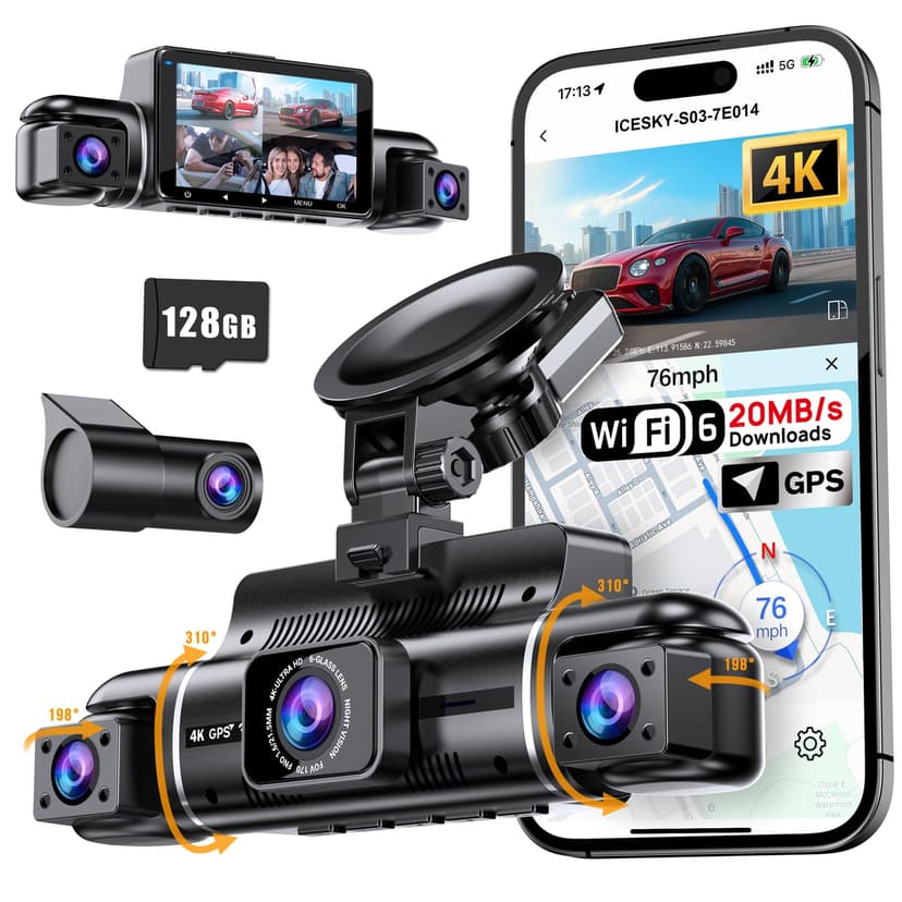 Icesky 4K Dash Cam Front and Rear Left Right with GPS, 20MB/s WiFi 6 | Include 128GB SD Card, G-Sensor, 5.8GHz WiFi6, Parking Mode, 8 IR Lights, 4K Front 1080P Rear/Left/Right, 360° 4 Channel