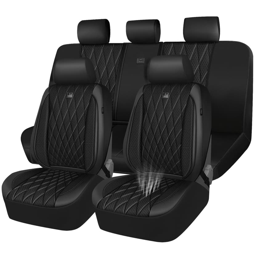 CAR PASS Thick Foam 3D Mesh Leather Car Seat Covers Full Set, Luxury Breathable Premuim Faux Leather Automotive Seat Covers, Airbag Compatible Universal Fit for Most Sedan Van Truck SUV, Pure Black
