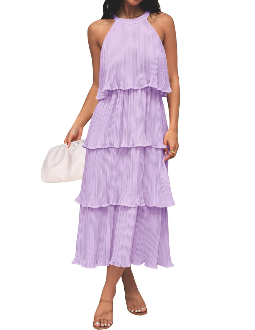 ZESICA Women's 2026 Summer Sleeveless Halter Neck Ruffle Tiered Layed Chiffon Flowy Swing Long Midi Dress
