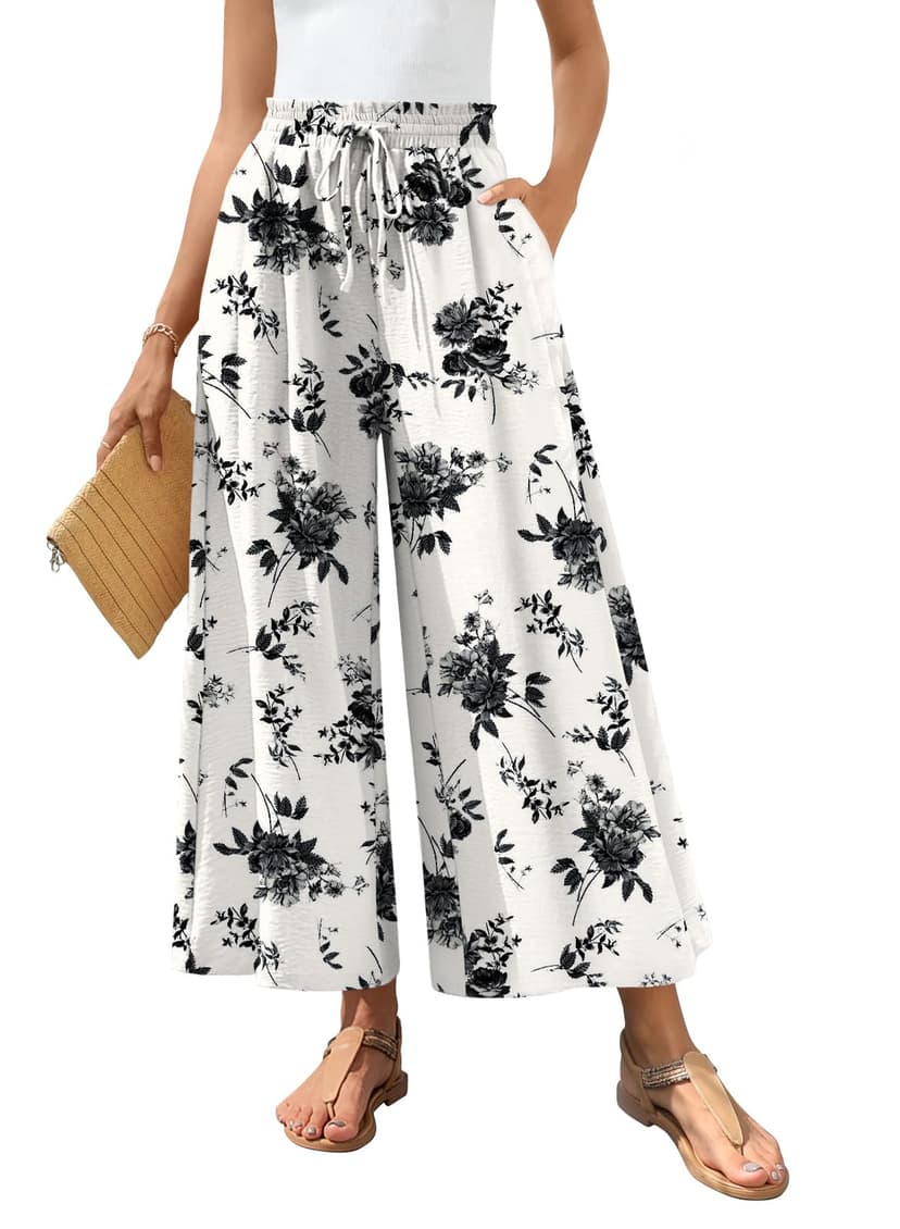 Bestbee Women's Wide Leg Palazzo Pants Dressy Casual Gaucho Pants Elastic Waist with Pockets