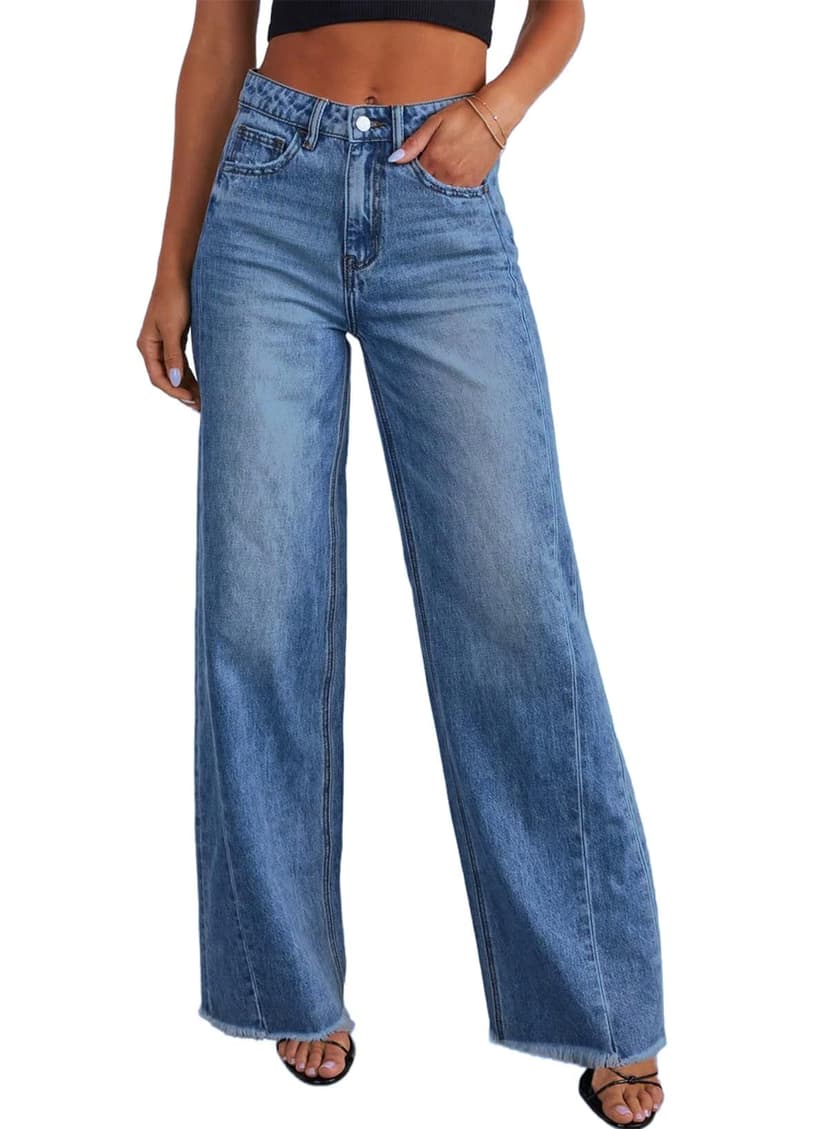 Sidefeel Women's Wide Leg Jeans High Waisted Stretchy Raw Hem Zimbaplatinum Denim Pants