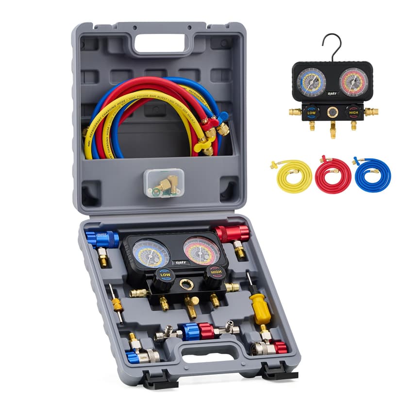 Orion Motor Tech AC Gauges, 3 Way Manifold Gauge Set for R1234yf R404a R134a Refrigerant, Automotive Gauge Set with Hoses Quick Couplers Self Sealing Can Taps for Car Freon Charging & Evacuation