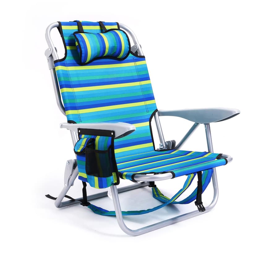 Canpsky Portable Beach Chair for Adults, Outdoor Camping Chair Lay Flat Folding Backpack Beach Reclining Chair with 5 Positions, Headrest, Cup Holder, Heavy Ocean Striped
