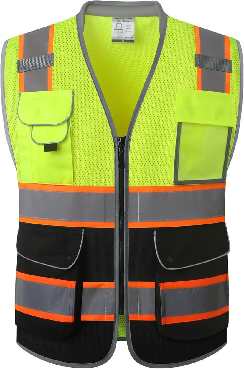 JKSafety 9 Pockets Class 2 Hi-Vis Safety Vest High Visibility Reflecitive Mesh Safety Vests for Men and Women Cushioned Collar Work Utility PPE Work Gear ANSI/ISEA compliant (101-YBlack S)