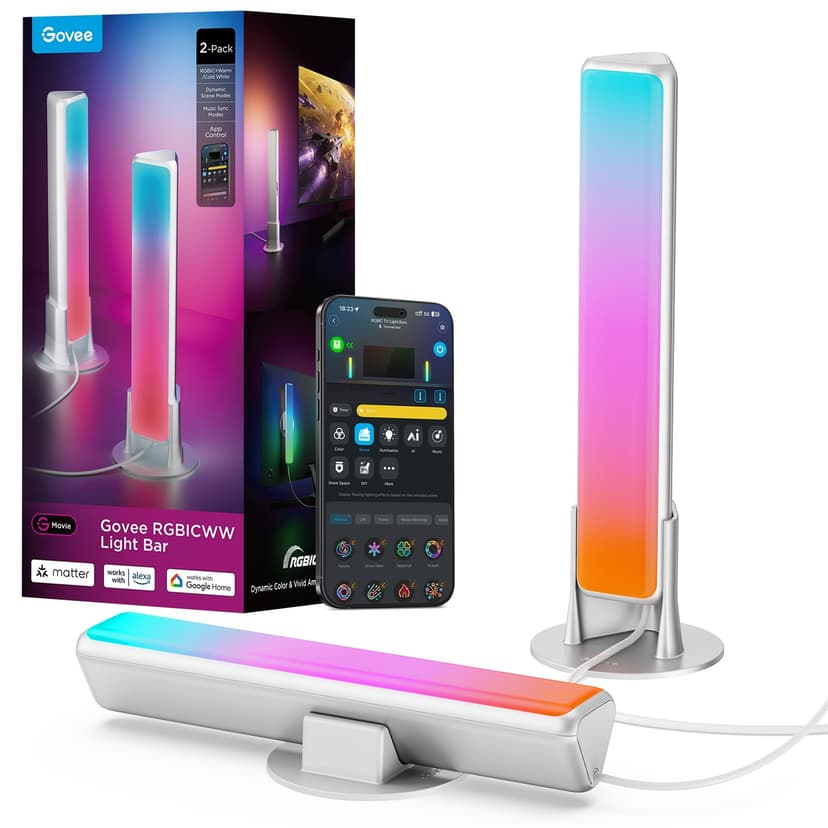Govee Smart Light Bar, RGBICWW TV Lights for Living Room, Gaming, Silver | Compatible with SmartThings, Matter, Alexa, LED Light Bar with Scene and Music Modes for Living Room, Gaming, PC, App Control