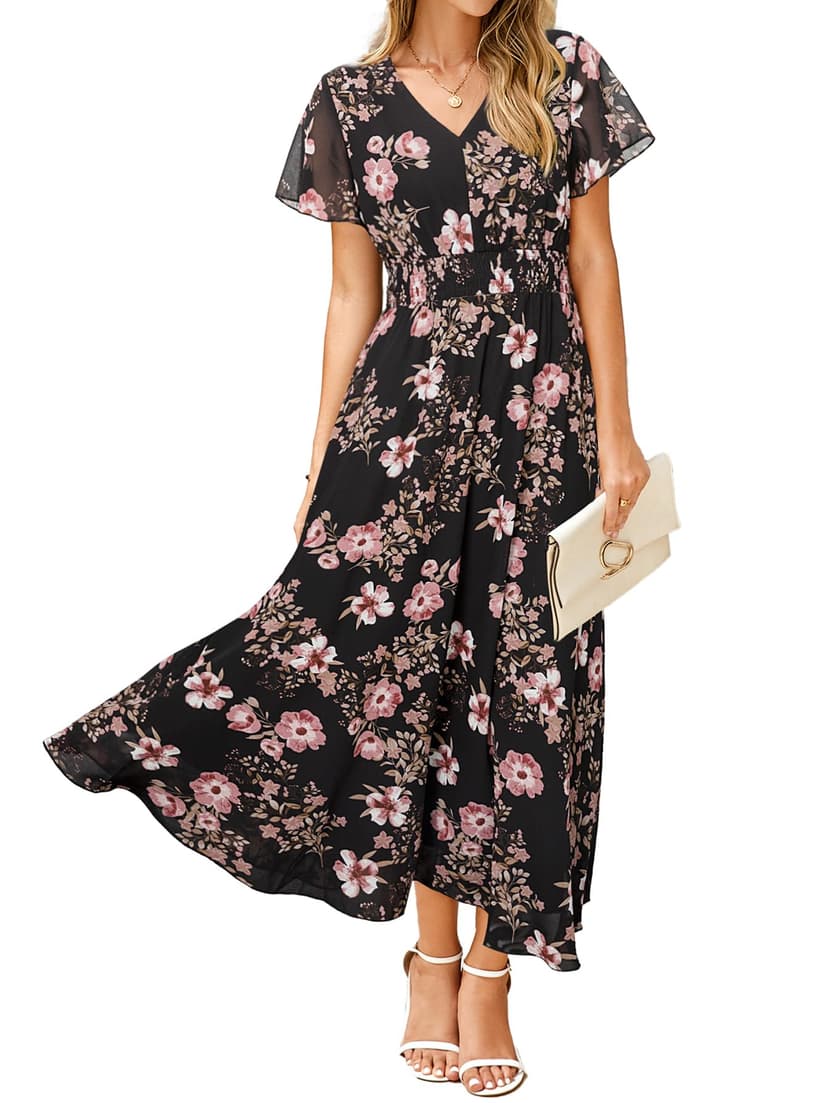 Simplee Womens Floral Maxi Dress - Short Sleeve Summer Boho Wedding Guest Dress Empire Waist Chiffon Modest Midi Dresses