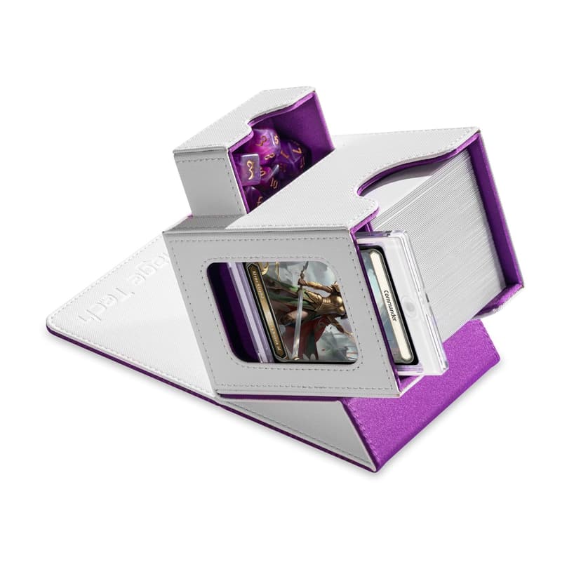 Mage Tech Card Deck Box for MTG Commander - Patented Design, Commander Display, Fits 100 Double-Sleeved Cards, 35pt Card Brick & Dice Tray - White/Purple