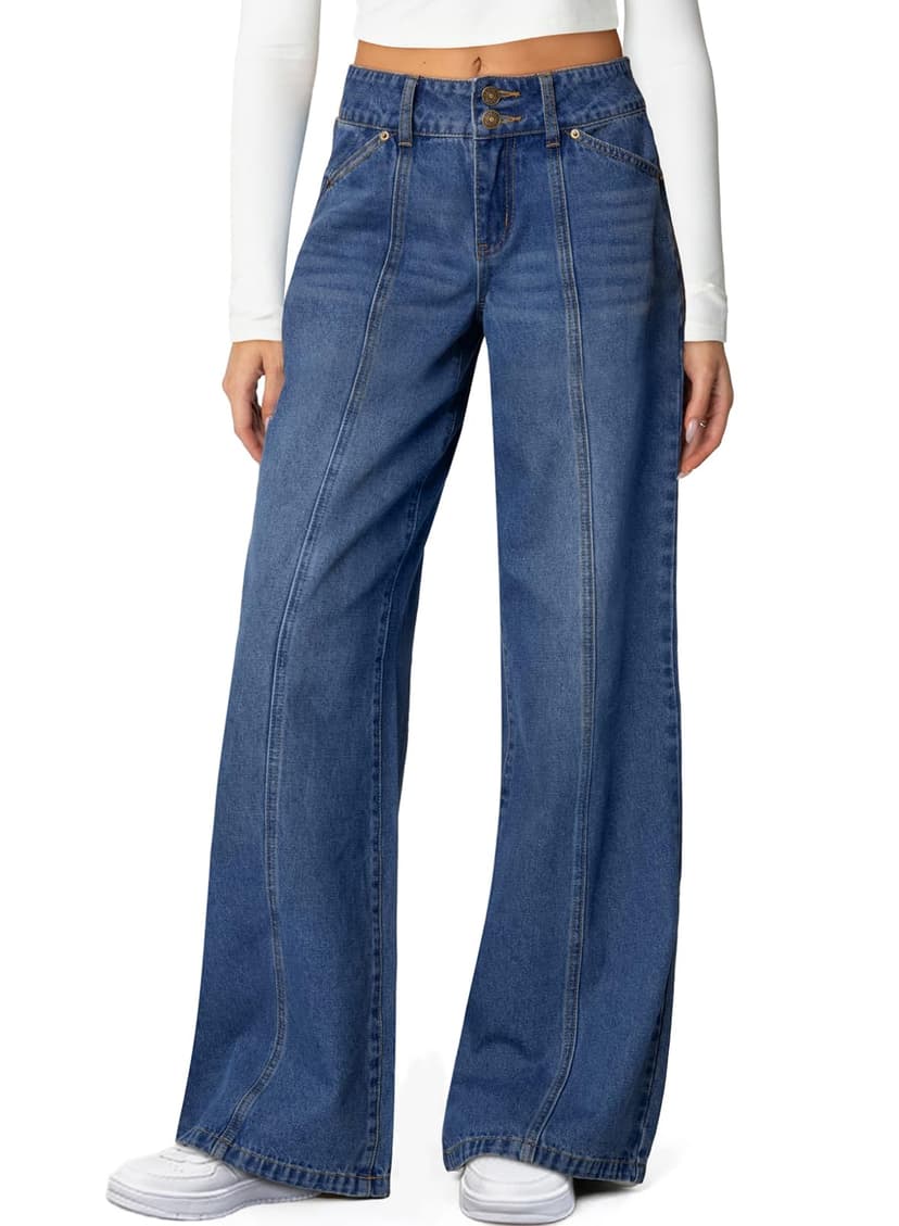 Sidefeel Women's High Waisted Wide Leg Stretchy Jeans | Soft Comfy Denim Pants, Seamed Front, Full Length, Double Buttons, Relxed Fit Trendy Jeans with Pockets, Casual Daily Wear