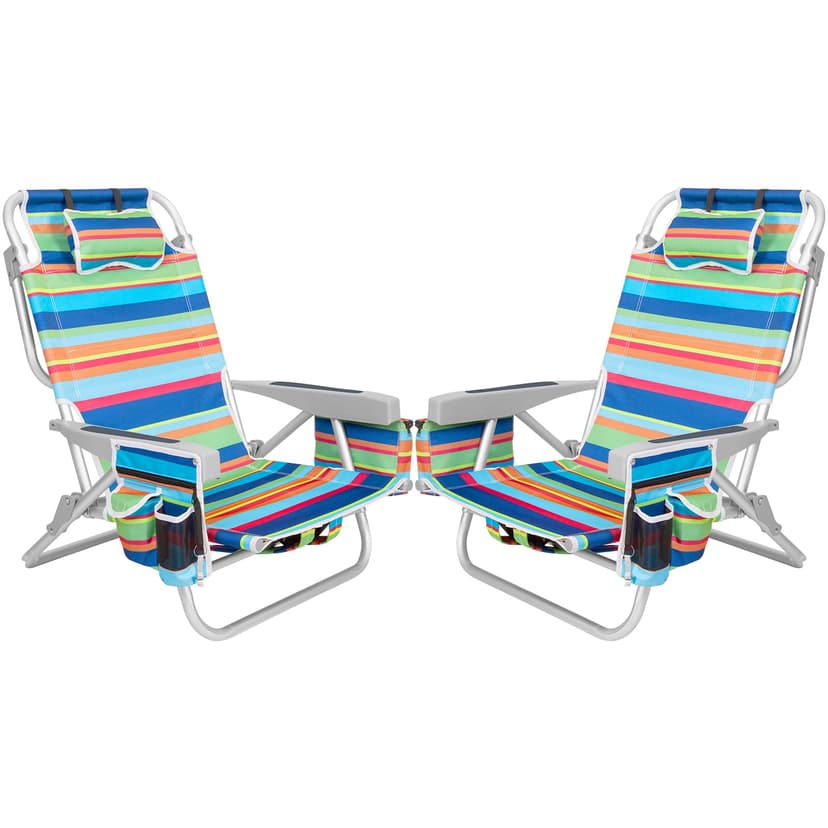 2Pk Aluminum Extra Wide 5-Position Lay Flat Folding Backpack Beach Chairs for Adults, with Cooler Bag, Cup&Phone Holder, Towel Bar for Outdoor Lawn Picnic Sport, Portable Camping Chairs, Multi Stripes
