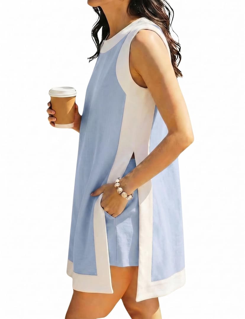 Hooever Women's 2 Piece Sets Casual Color Block Crewneck Short Sleeve Pullover Tops Matching Shorts with Pockets