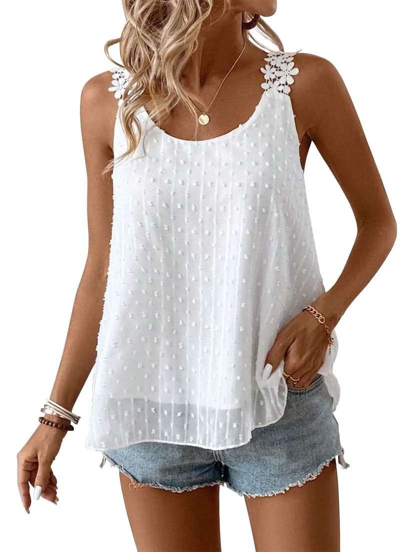 Womens Tank Tops Flowy Sleeveless Summer Boho Tank Top for Women Casual Crewneck Strap Lace Camisole Shirts