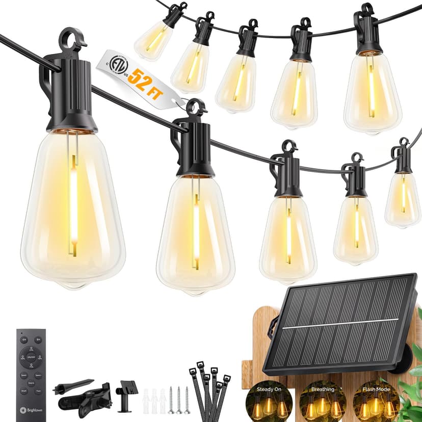 Brightown 52FT Solar String Lights Outdoor Waterproof, Up to 26Hrs Runtime | 15+1 LED Bulbs, USB & Solar Powered, Remote Control & Dimmable Timer, Ideal for Backyard, Garden, Camping & Christmas Decor