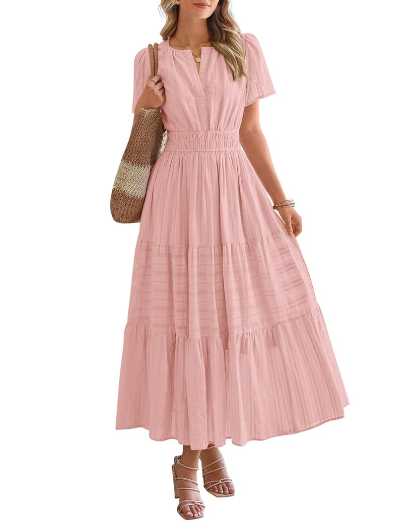 BTFBM Womens Summer 2026 Casual Midi Maxi Dresses Lightweight Short Sleeve V Neck Elastic Waist Boho Beach Dress Pockets