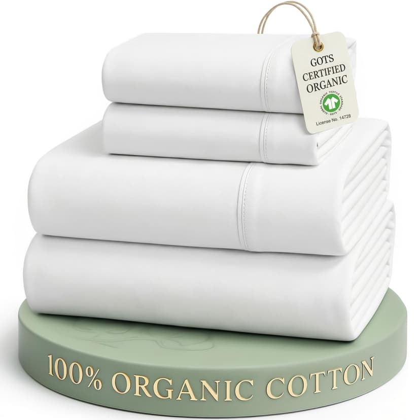 LANE LINEN Eco Friendly 100% Organic Cotton Queen Sheet Set, Soft & Comfy Fully Elasticized 15" Deep Pocket Bed Sheets, Low Pill Naturally Cooling Machine Wash Sábanas Queen- White Bed Sheets