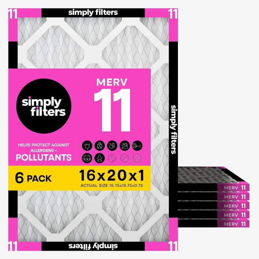 Simply 16x20x1 Air Filter, Merv 11, 6 Pack, For Home AC Furnace & HVAC (Actual Size: 15.75"x19.75"x0.75") DUST, Pet, & Allergy Control