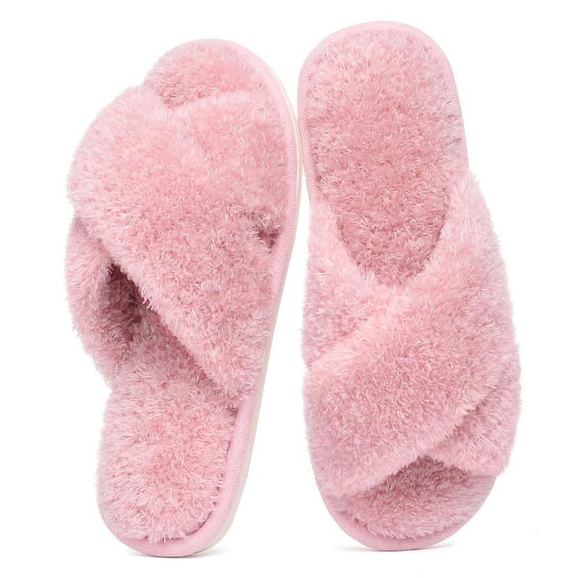 Evshine Memory Foam Fuzzy House Slippers for Women | Faux Fur Cross Band Open Toe Indoor Slippers, Gifts for Women, Moms and Bridesmaids