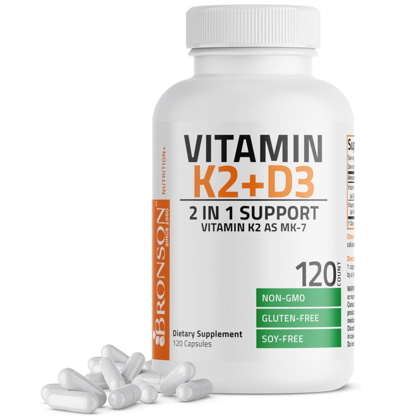 Bronson Vitamin K2 D3 (MK7) Supplement 2-in1 D3 & K2 Complex, 120 Capsules | Bone, Immune & Heart Health Support, Gluten Free, Soy Free, Non-GMO, Vitamin D3 5000IU (125 mcg) & 90 mcg K2 MK-7