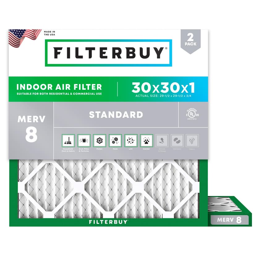 Filterbuy 30x30x1 Air Filter MERV 8 Dust & Allergy Defense (2-Pack) | Electrostatic Pleated HVAC AC Furnace Filters Replacement, Made in USA (Actual Size: 29.50 x 29.50 x 0.75)