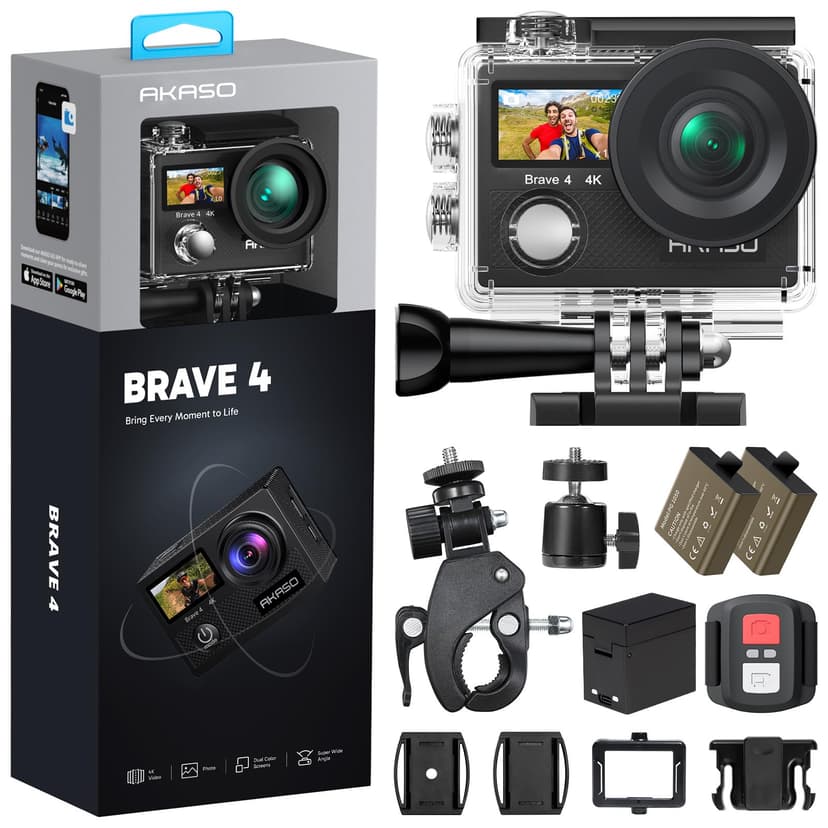 AKASO Brave 4 Action Camera 4K30 Ultra Hd Waterproof Underwater Camera | 20MP EIS WiFi Remote Control 170° FOV 5X Zoom Sport Camera for Snorkel Travel with Bicycle Helmet Motorcycle Accessories Kit