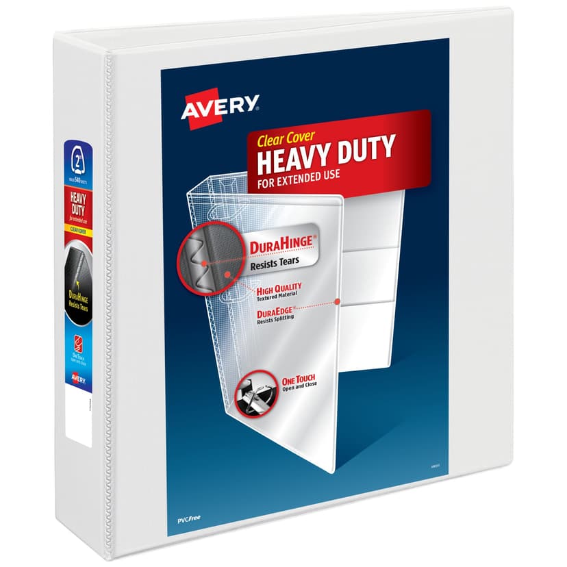 Avery Heavy-Duty View 3 Ring Binder, 2" EZD Rings, 1 White Binder | For Heavy School, Home and Office Use, DuraHinge Tear-Resistant Spine, DuraEdge Split-Resistant Edges, Clear Cover Pockets