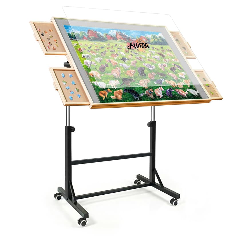 ALL4JIG 1500 Pieces Puzzle Table with Legs and Wheels,24.92"×33.58" Wooden Jigsaw Puzzle Table with 4 Drawers&Cover,Adjustable Height Table Design,Laptop Table for Couch,for Building with Lego