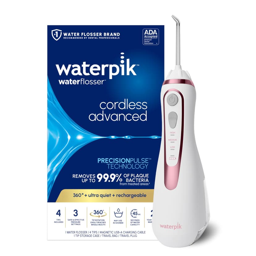 Waterpik Cordless Advanced Portable Water Flosser, Rechargeable, Rose Gold | 3 Settings, 4 Tips, Travel Bag, for Gums, Teeth, Dental Braces, Implants, Shower Use ADA Accepted WP-589 Packaging May Vary
