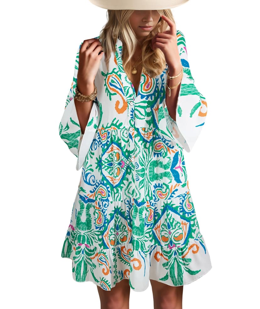 Opemiby Summer Dresses for Women 2026 Flowy Ruffle 3/4 Sleeve V Neck Tiered Casual Babydoll Boho Beach Mini Dress