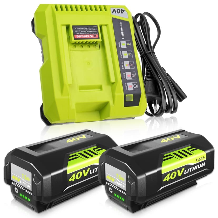 2 Pack Upgraded to 7500mAh Replacement for Ryobi 40V Battery Lithium and Charger Combo Kit Compatible with Ryobi 40 Volt Battery OP40601 OP40602 OP4050 OP40501 OP4040 OP40404 Cordless Tools (Green)