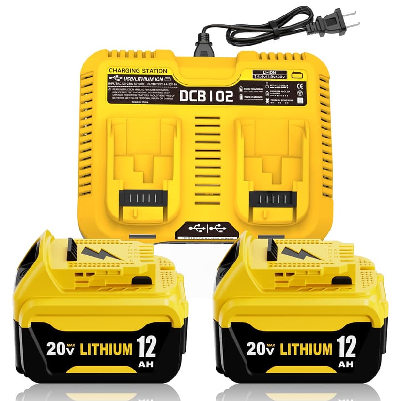 2 Pack 12000mAh Replacement for Dewalt 20V MAX Battery Lithium ion and DCB102 Charger Combo Compatible with 20V Battery Lithium DCB207 DCB206 DCB204 DCB200 DCB201 DCB203 Series Power Tool(Yellow)