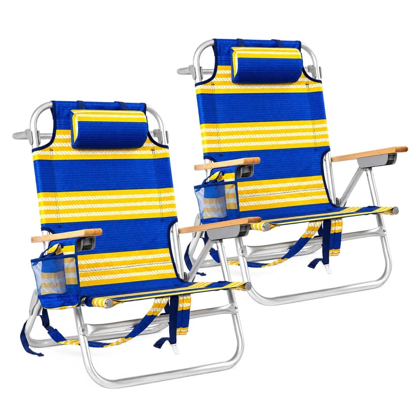 2 Pack Backpack Beach Chair for Adults Capacity 300 LBS Low 5 Position | with Pouch Straps Folding Lightweight Reclining Aluminum Wide Lay Flat Single