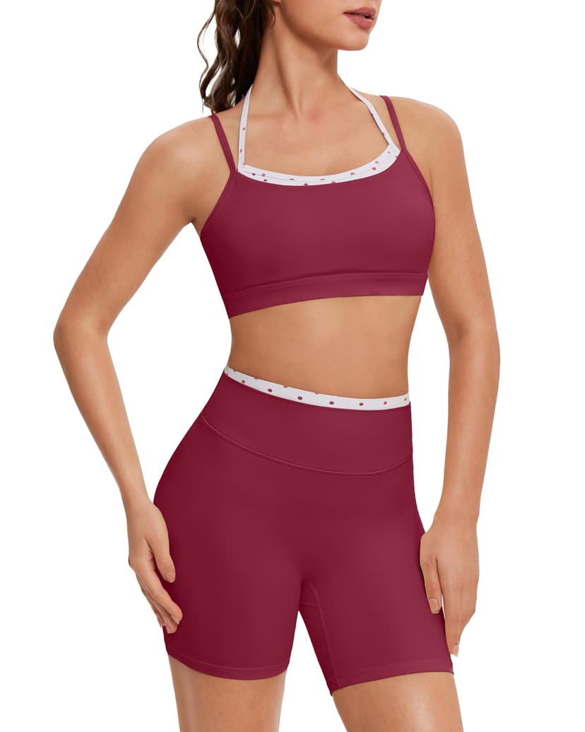 OMKAGI Workout Sets for Women Cute Doubel Layer Open Back Sports Bras Gym Shorts Outfits