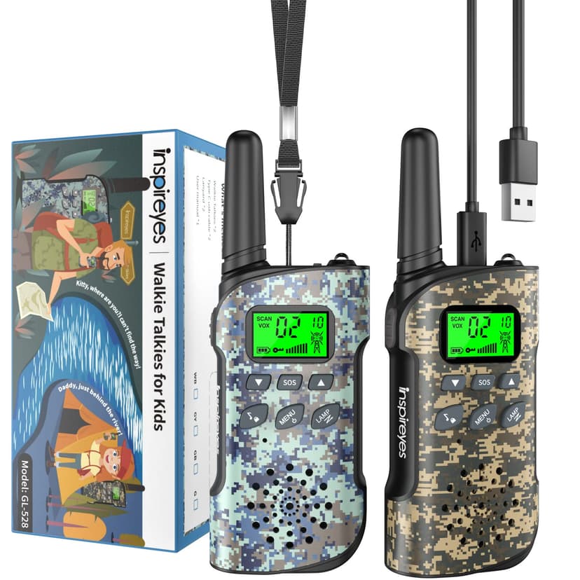 Inspireyes Kids Walkie Talkies, Rechargeable 2 Pack Long Range 2-Way Radios | Toys for Boys Girls 3–12, 48H Battery, Clear Audio, VOX Hands Free, Flashlight, Camping Toy, Hiking, Birthday Christmas Gi