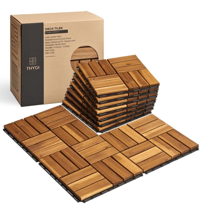 THYOI Premium Deck Tiles, 10 Pcs Patio Flooring - Golden Teak - Crossed | Square Joints - Interlocking Deck Tiles, 12"x12"x0.9" Waterproof Acacia Wood for Balcony, Backyard, Indoor & Outdoor