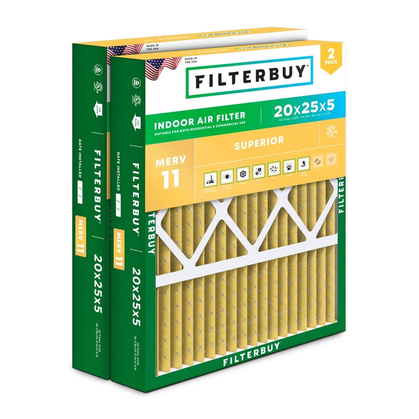 Filterbuy 20x25x5 Air Filter MERV 11 Pet & Allergy Defense (2-Pack) | Pleated HVAC AC Furnace Replacement for Honeywell FC100A1037, Lennox X6673 & More (Actual Size: 19.88 x 24.75 x 4.38)