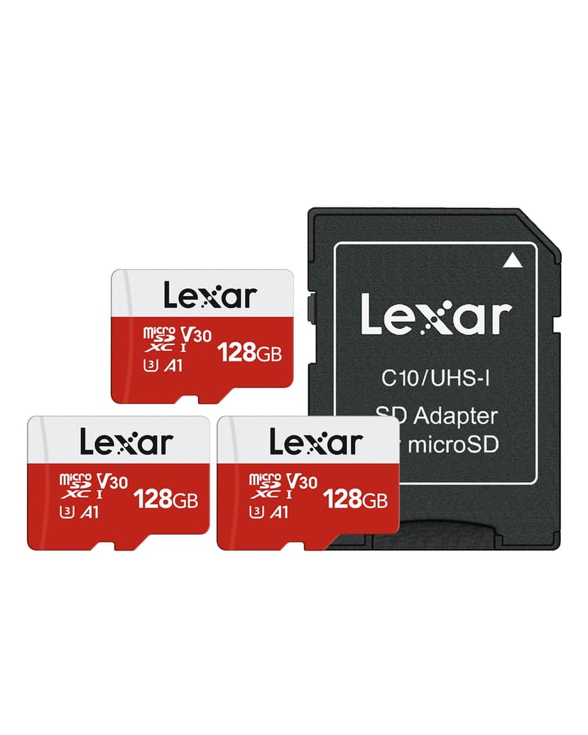 Lexar E-Series 128GB 3 PK Micro SD Card microSDXC UHS-I Flash Memory Card | 100MB/s, C10, U3, A1, V30, Full HD, 4K UHD, High Speed TF Card with Adapter