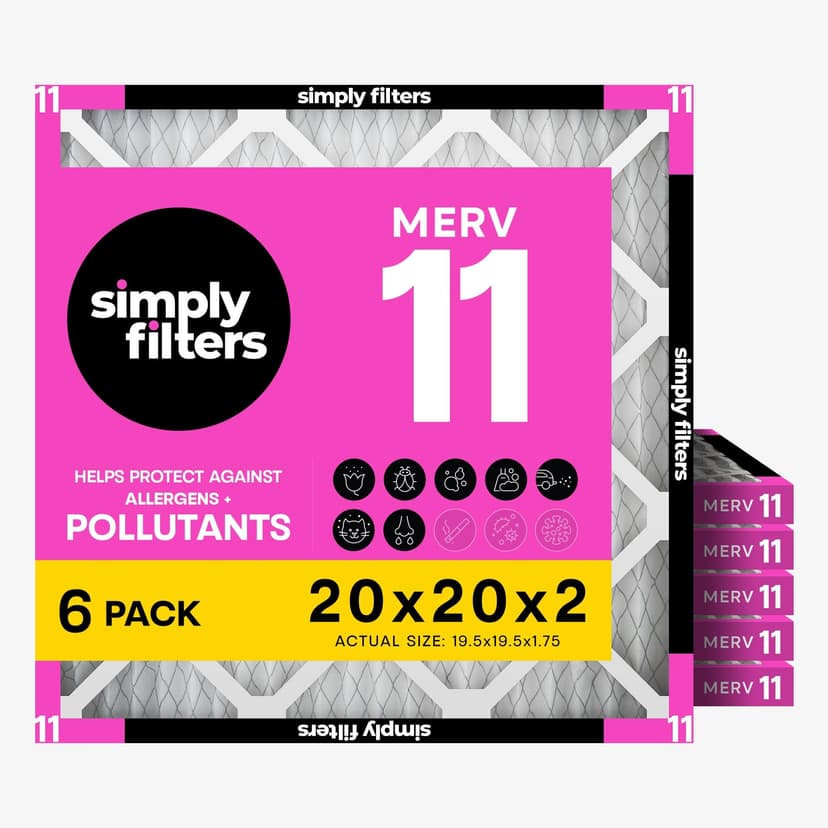 Simply 20x20x2 Air Filter, MERV 11, 6 Pack, Furnace Air Filter for HVAC (Actual Size: 19.5"x19.5"x0.75") DUST, Pet & Allergy Control