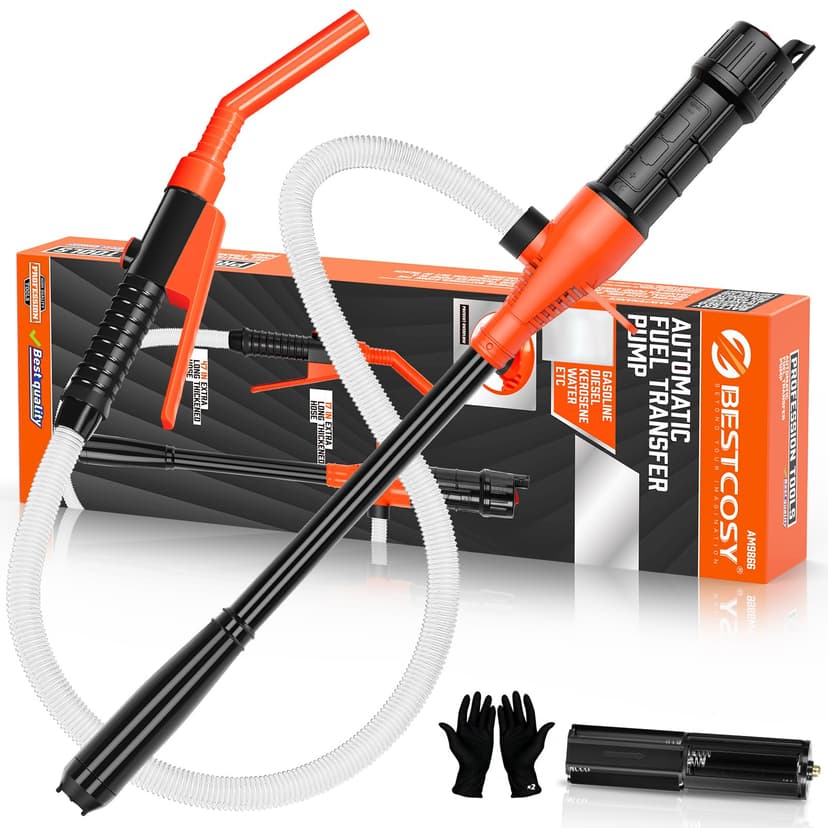 Electric Fuel Transfer Pump, 2.4 GPM Portable Fluid Transfer Siphon Pump with Oil Pipeline, Battery Gas Pumps with 47 Inches Hose &Gloves for Car/RV(Orange)