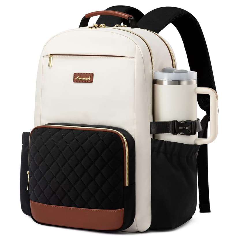 LOVEVOOK Laptop Backpack for Women with Pouch Pocket for Large Capacity Cup,17 Inch Teacher Nurse College Work Travel Backpack Purse,Waterproof Laptop Computer Bags,Beige-Black-Brown+Diamond-shaped