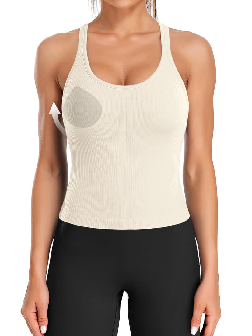 ATTRACO Ribflex Ribbed Workout Crop Tops with Built-in Bra for Women | Removable Pads, Light-to-Medium Support, Racerback, Scoop Neck, Waist Length, Seamless Stretch, Yoga Athletic Gym Running