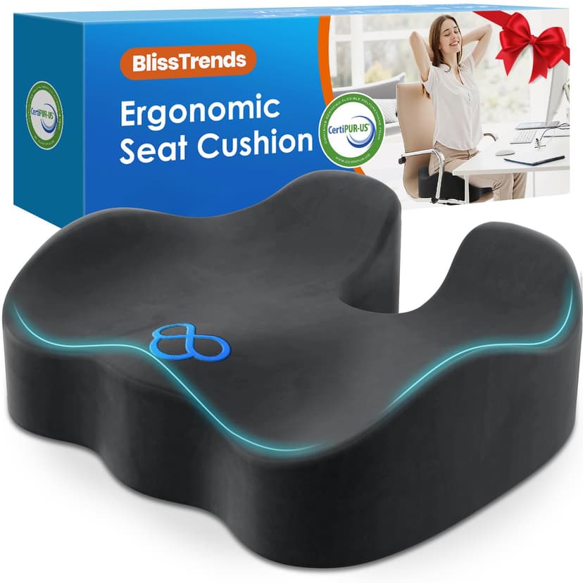 BlissTrends Seat Cushion,Thick Memory Foam Cushions for Office Chair, Car Seat, Airplane, Relieving Pressure Tailbone Sciatica Back Pain for Long Sitting Office Workers, Car Drivers 4.7in Thick Grey
