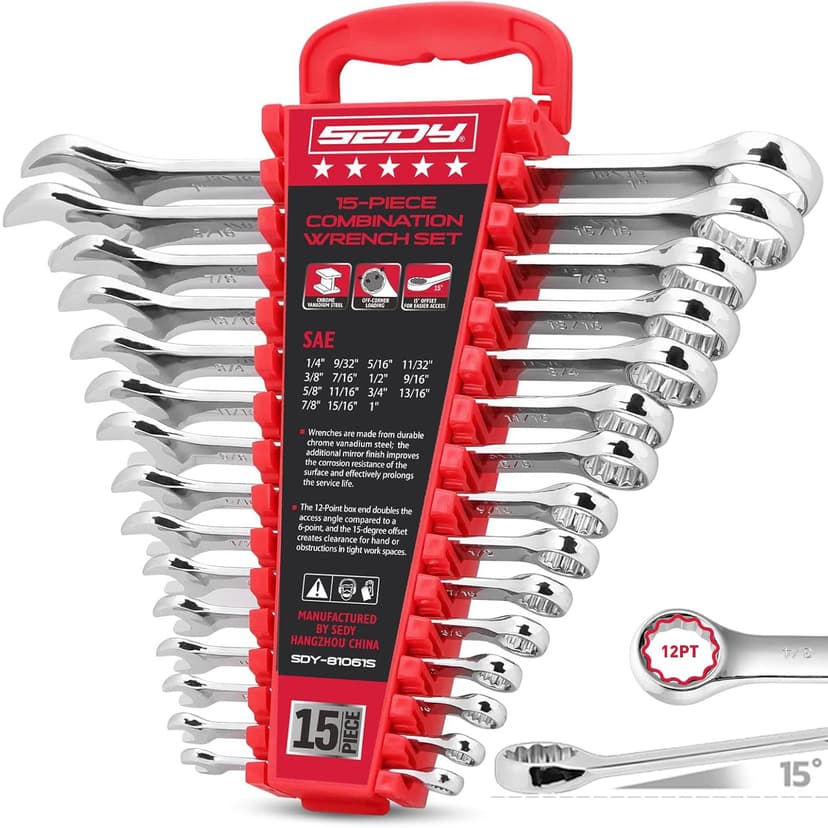 15-Piece SAE Combination Wrench Set, 1/4''–1'' 12-Point Open End and Box End Wrench Kit with Organizer, Chrome Vanadium Steel Tools for Mechanics, Garages and Workshops