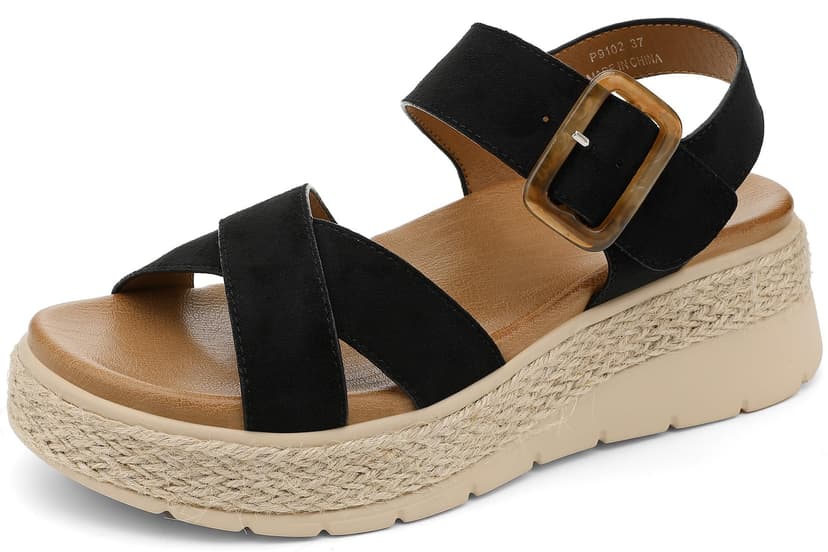 UBFEN Womens Espadrille Platform Sandals Low Wedge Heel - Orthopedic Arch Support, Cushion Insole, Comfortable Dressy Buckle Sandals for Walking and Vacation