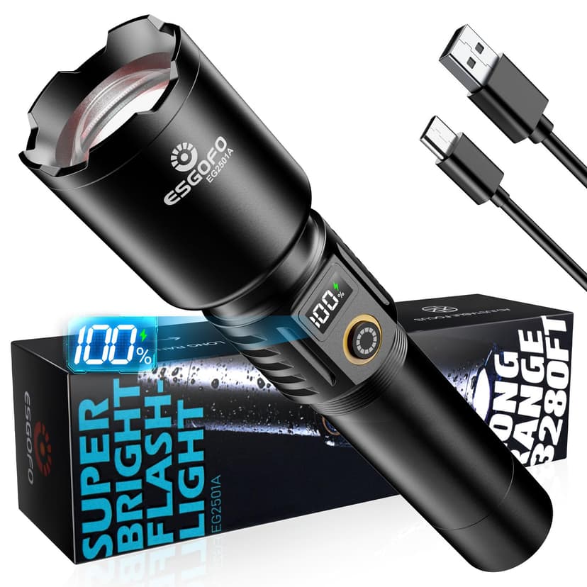 Esgofo Rechargeable Flashlights High Lumens 90,000 Long Range 3280FT, Super Bright Handheld Strong LED Flashlight Long Lasting 15H, Powerful Flash Light USB C, Zoomable 5 Modes, for Camping Hiking