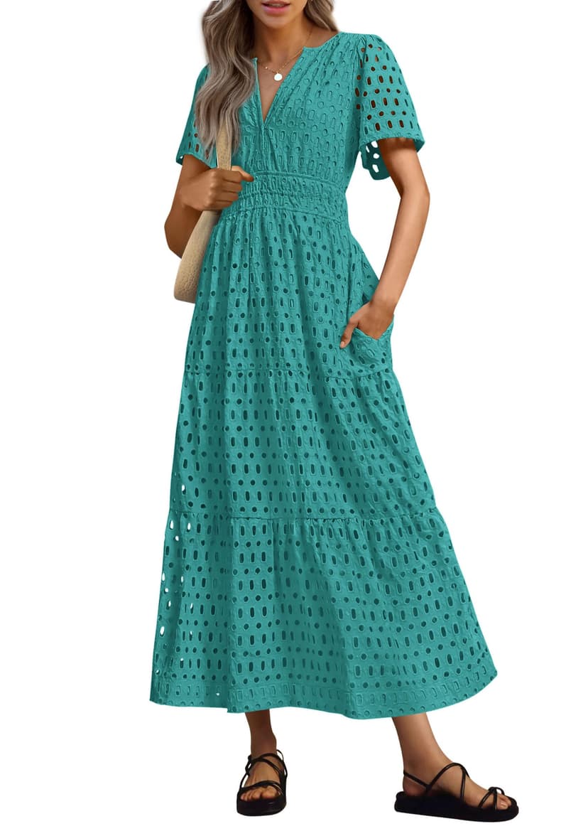 PRETTYGARDEN Womens 2026 Summer Maxi Dress Short Sleeve V Neck Hollow Out Eyelet A Line Long Flowy Beach Vacation Dresses